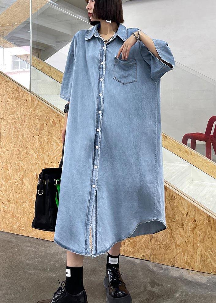 DIY Blue Hollow Out Cotton Pockets Button Summer Maxi Dresses - SooLinen