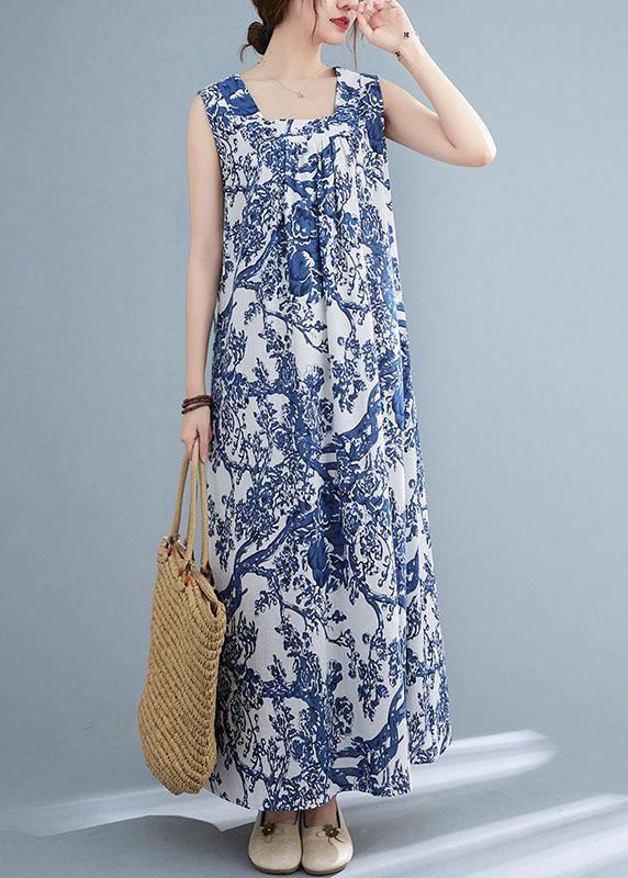 DIY Blue Loose Print V Neck Summer Vacation Dress Sleeveless - SooLinen