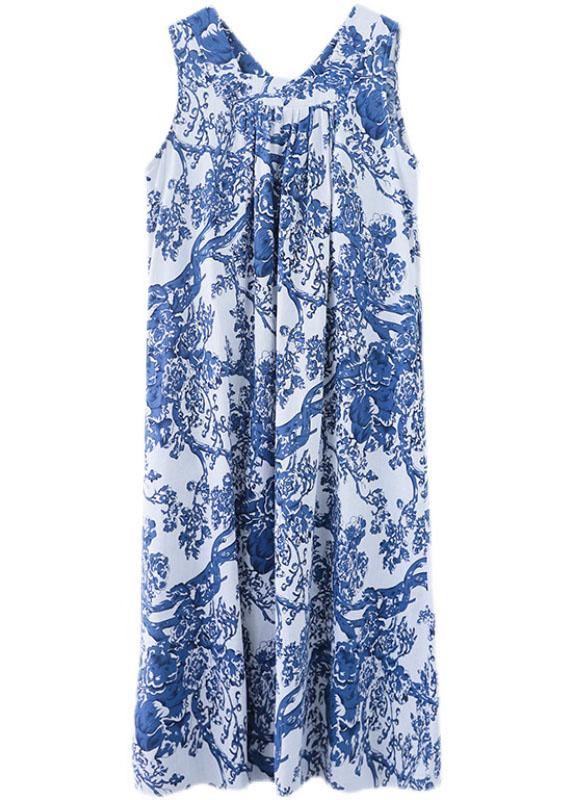 DIY Blue Loose Print V Neck Summer Vacation Dress Sleeveless - SooLinen