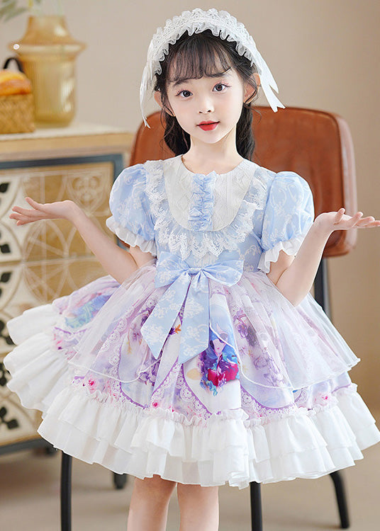DIY Blue O-Neck Print Patchwork Bow Tulle Girls Mid Dress Puff Sleeve