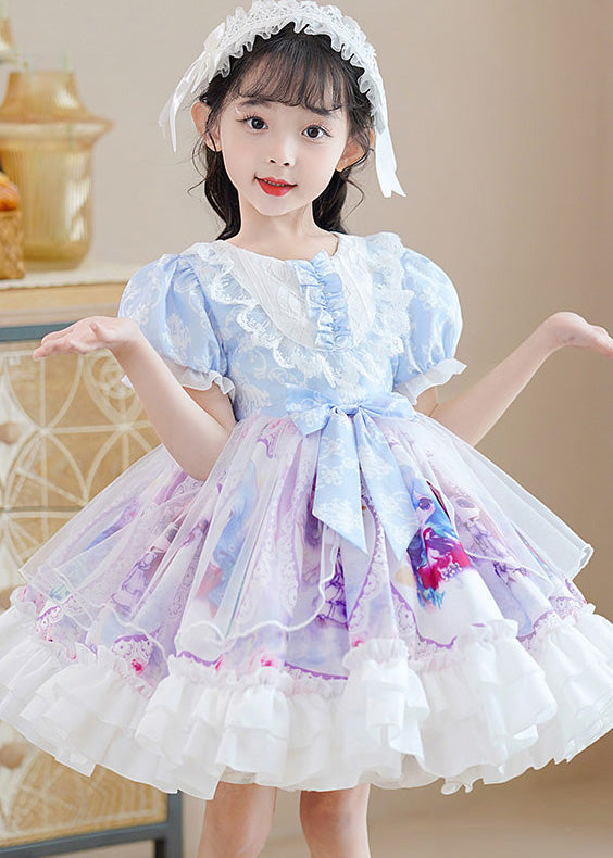 DIY Blue O-Neck Print Patchwork Bow Tulle Girls Mid Dress Puff Sleeve
