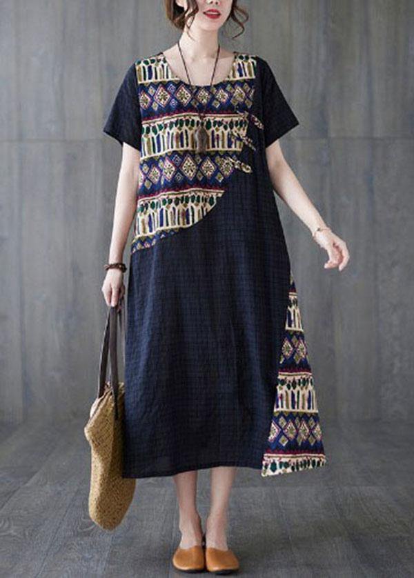 DIY Blue O-Neck asymmetrical design Summer Cotton Dress - SooLinen