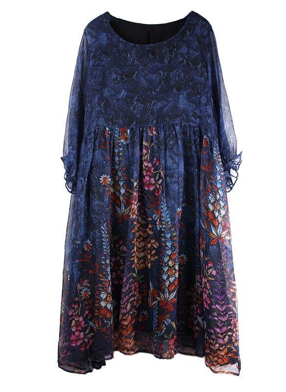 DIY Blue Print Chiffon O-Neck Summer Dress - SooLinen