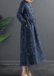 DIY Blue Print Dresses Stand Collar A Line Dress - SooLinen