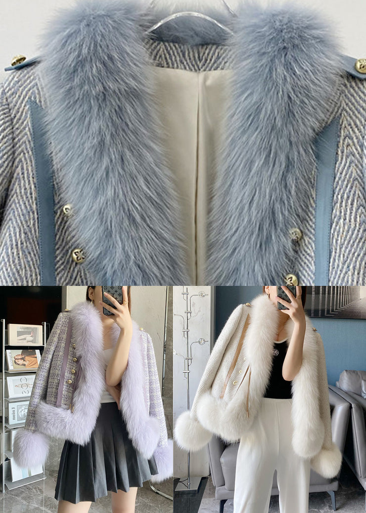 DIY Blue Stand Collar Leather And Faux Fur Coat Winter