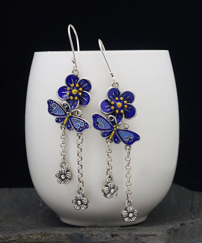 DIY Blue Sterling Silver Butterfly Floral Tassel Drop Earrings