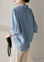 DIY Blue Striped Peter Pan Collar Patchwork Silk Shirt Top Summer