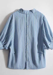 DIY Blue Striped Peter Pan Collar Patchwork Silk Shirt Top Summer