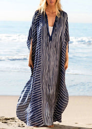 DIY blau gestreifte Seite offen Strandkleid Urlaub Sommer Chiffonkleid