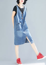 DIY Blue V Neck Pockets Side Open Denim Strap Dresses Summer