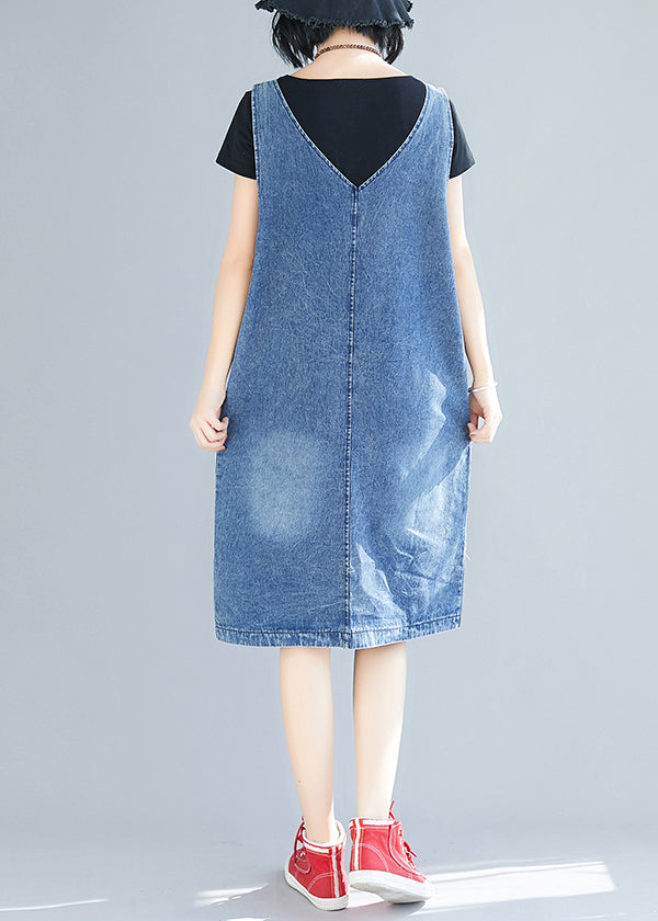 DIY Blue V Neck Pockets Side Open Denim Strap Dresses Summer