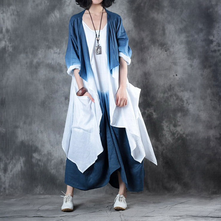 DIY Blue White Retro Loose Gradient color Fall Asymmetrical design 2 Piece Outfit Long Sleeve