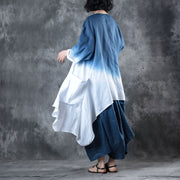 DIY Blau Weiß Retro Lose Farbverlauf Herbst Asymmetrisches Design 2-teiliges Outfit Langarm