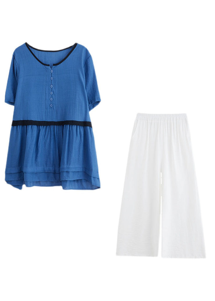 DIY Blue Wrinkled Patchwork Button Tops And Crop Pants Linen Two Pieces Set Summer