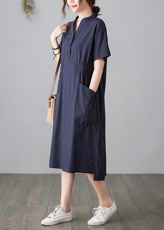 DIY Blue low high design Cotton side open Summer Ankle Dress - SooLinen