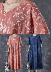 DIY Brick Red V Neck Print Linen Maxi Dress Summer