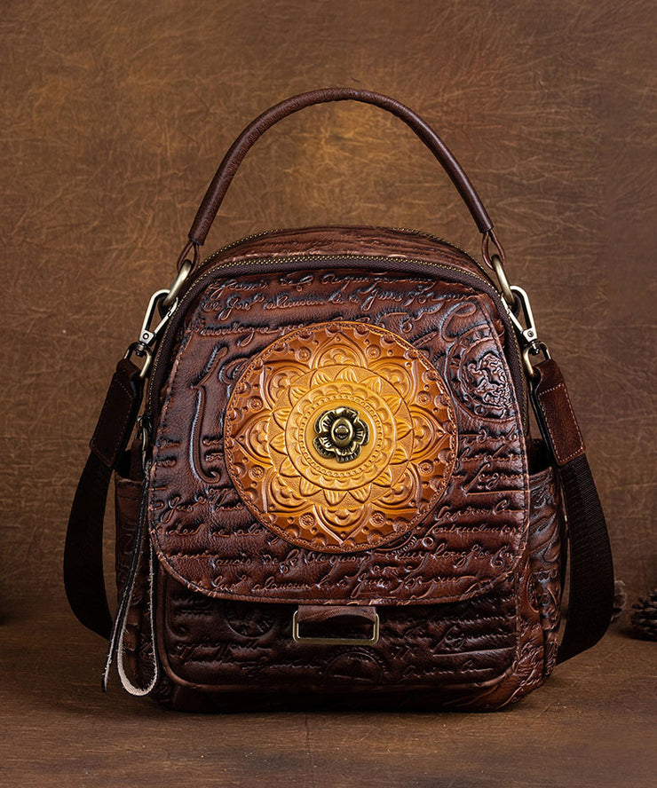 DIY Brown Geometric pattern Paitings Calf Leather Backpack Bag