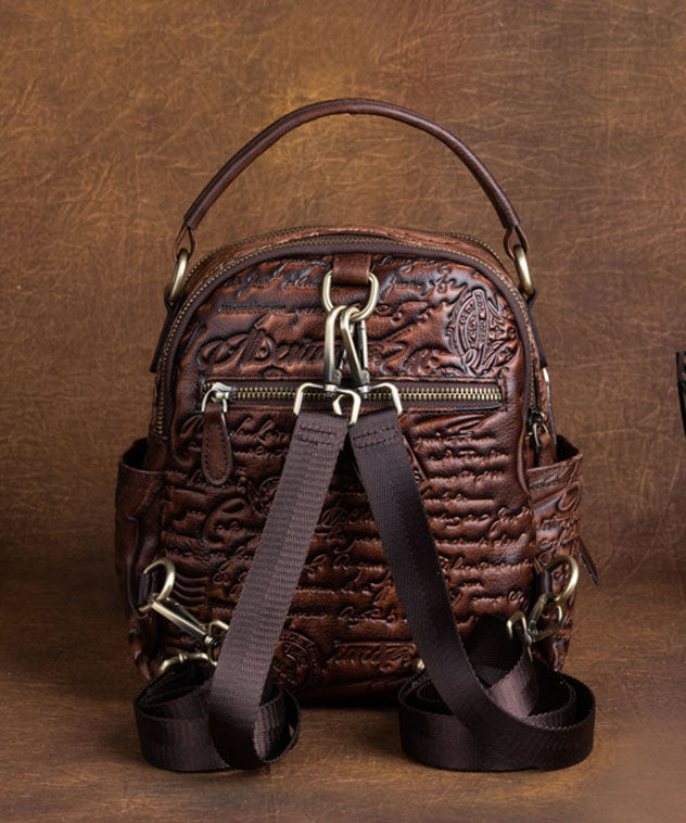 DIY Brown Geometric pattern Paitings Calf Leather Backpack Bag