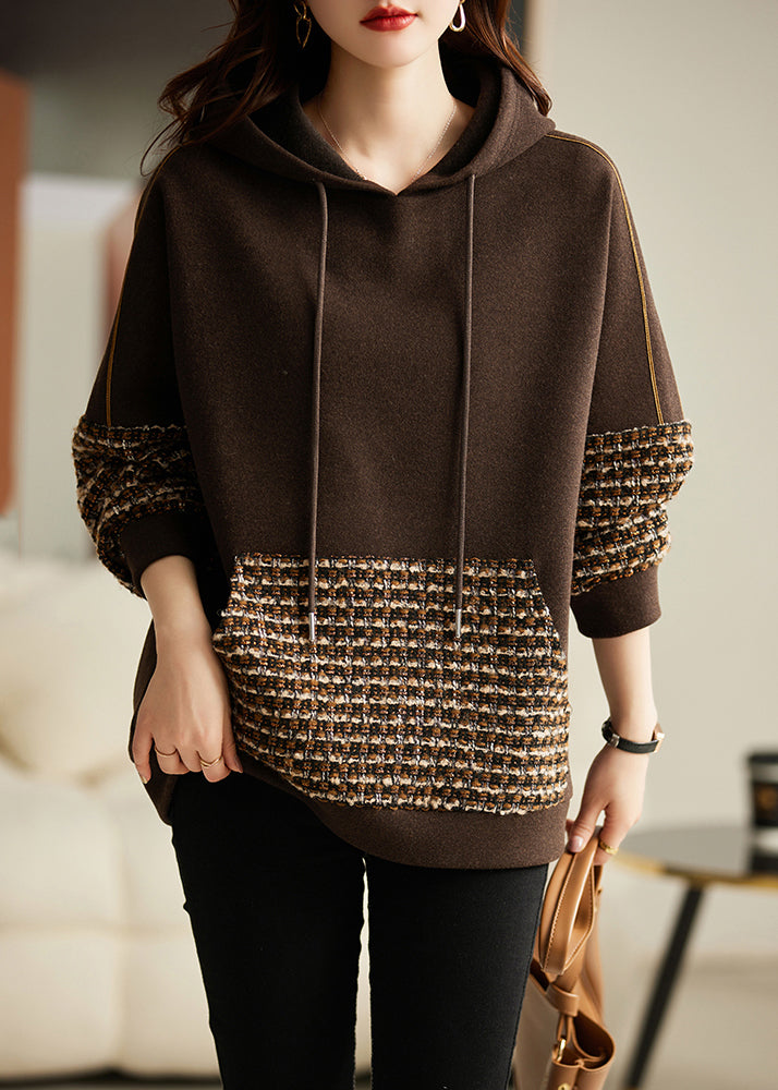 DIY Brown Hooded Patchwork Cotton Sweatshirt Streetwear Spring