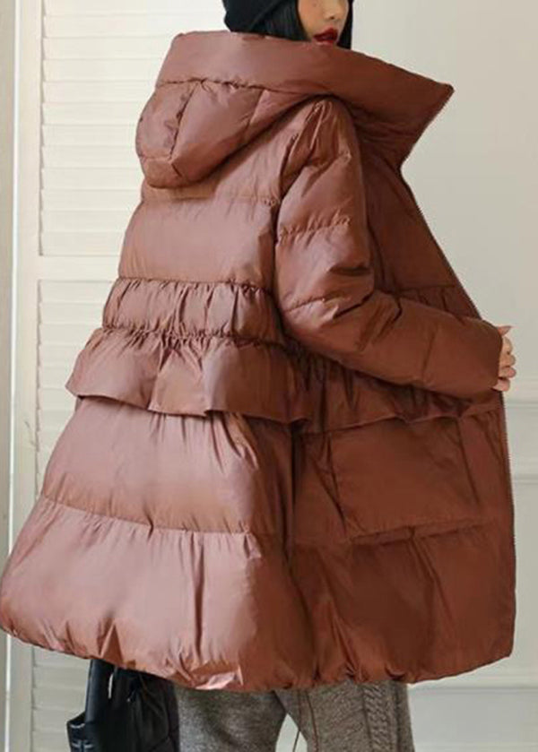 DIY Brown Hooded Patchwork Ruffled Duck Down Puffer Coat Winter