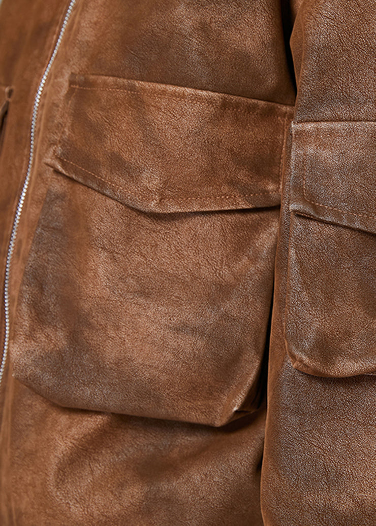 DIY Brown Oversized Pockets Faux Leather Coats Spring