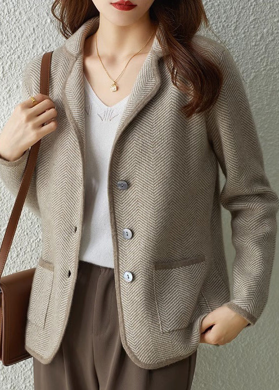 DIY Camel Notched Striped Patchwork Button Knit Coats Fall