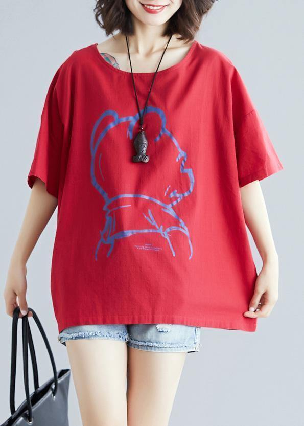 DIY Cartoon print cotton linen tops women Outfits red o neck blouses summer - SooLinen