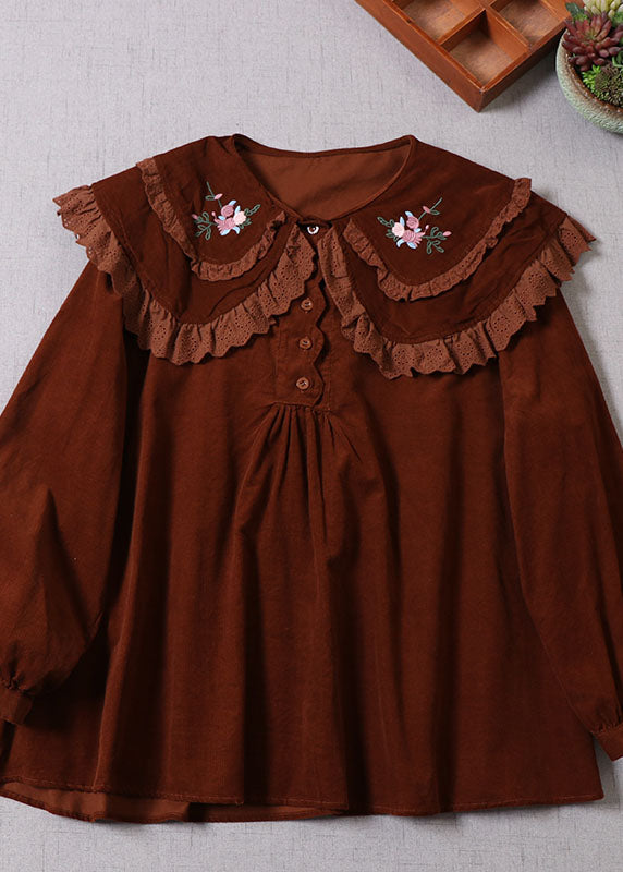 DIY Chocolate Embroidered Button Corduroy Blouses Spring