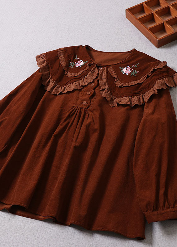 DIY Chocolate Embroidered Button Corduroy Blouses Spring