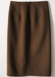 DIY Chocolate Colour Pockets Patchwork Zippered High Waist Woolen Skirt Fall