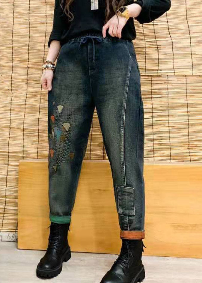 DIY Colorblock Elastic Waist Drawstring Pockets Patchwork Cotton Denim Pants Fall