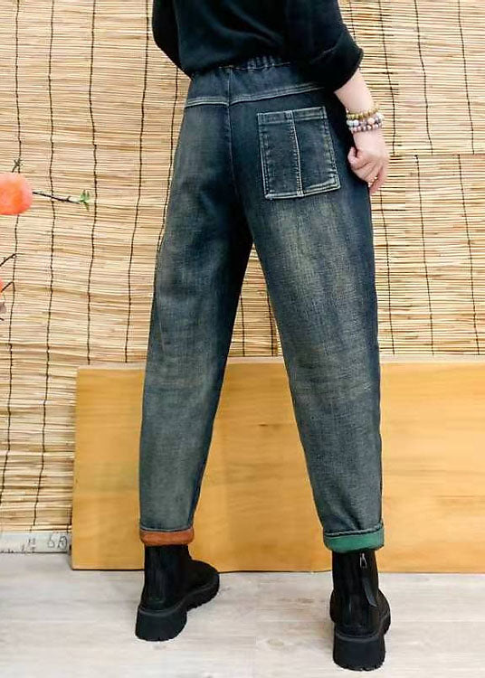 DIY Colorblock Elastische Taille Taschen mit Kordelzug Patchwork Baumwoll-Denim-Hosen Herbst