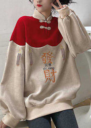 DIY Colorblock Embroidered Patchwork Warm Fleece Sweatshirts Top spring