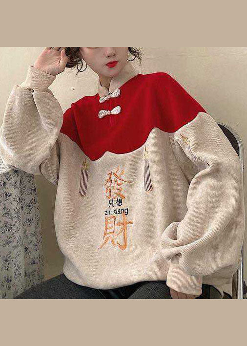DIY Colorblock Embroidered Patchwork Warm Fleece Sweatshirts Top Frühling