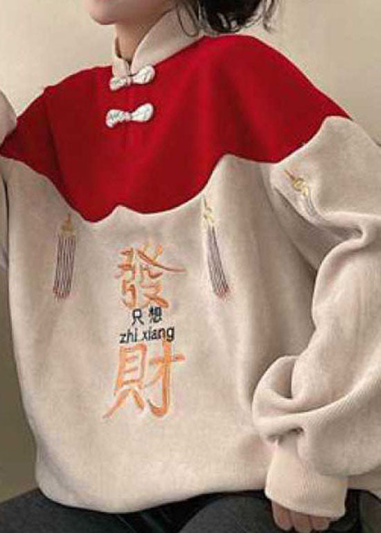 DIY Colorblock Embroidered Patchwork Warm Fleece Sweatshirts Top Frühling