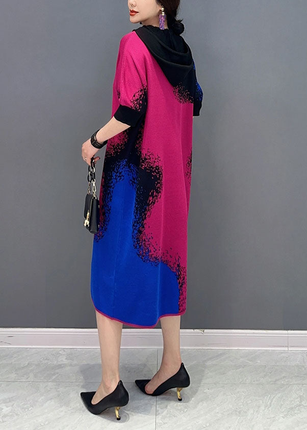 DIY Colorblock Hooded Print Knit Maxi Dresses Half Sleeve