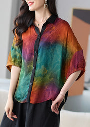 DIY Colorblock Peter Pan Collar Button Patchwork Silk Shirts Summer