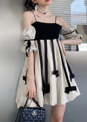 DIY Colorblock Tasseled Patchwork Off The Shoulder Cotton Mini Dress Summer