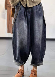 DIY Denim Blue Elastic Waist Pockets Cotton Harem Pants Spring