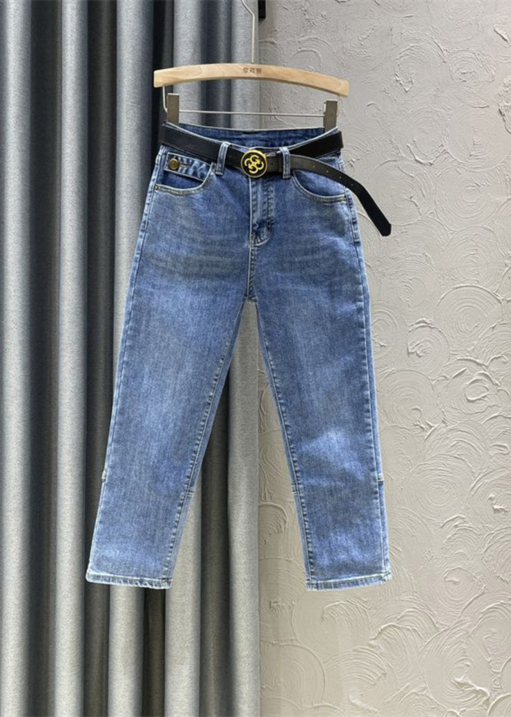 DIY Denim Blue High Waist Sashes Crop Pants Summer