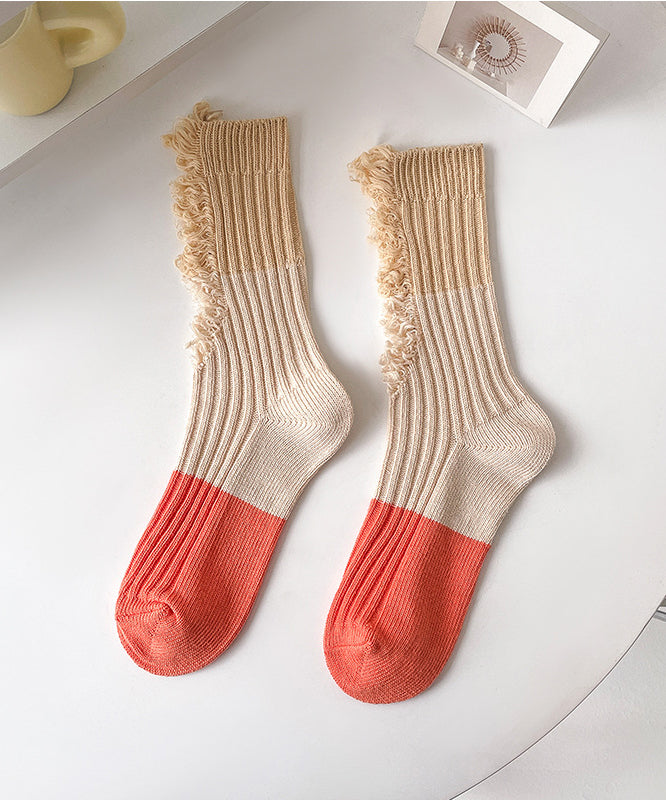 DIY Fashion Pink Ripped Patchwork Cotton Mid Calf Socks