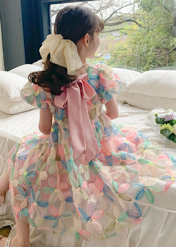 DIY Floral Wrinkled Patchwork Tulle Kids Girls Dresses Puff Sleeve