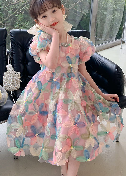DIY Floral Wrinkled Patchwork Tulle Kids Girls Dresses Puff Sleeve