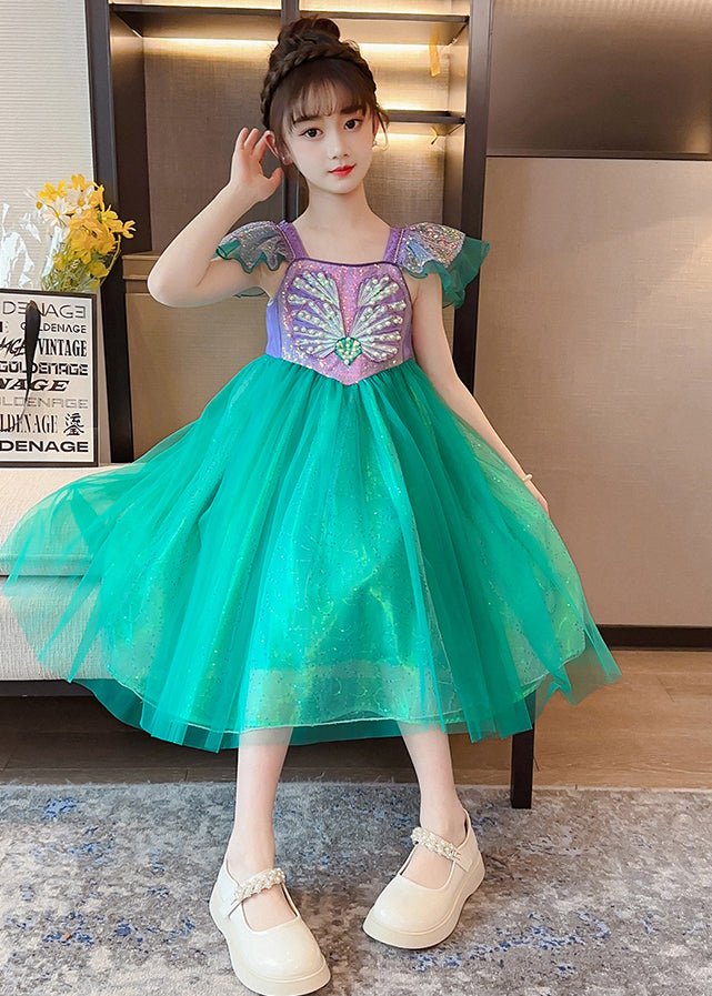 DIY Fluorescent Green Sequins Patchwork Tulle Baby Girls Party Dress Summer