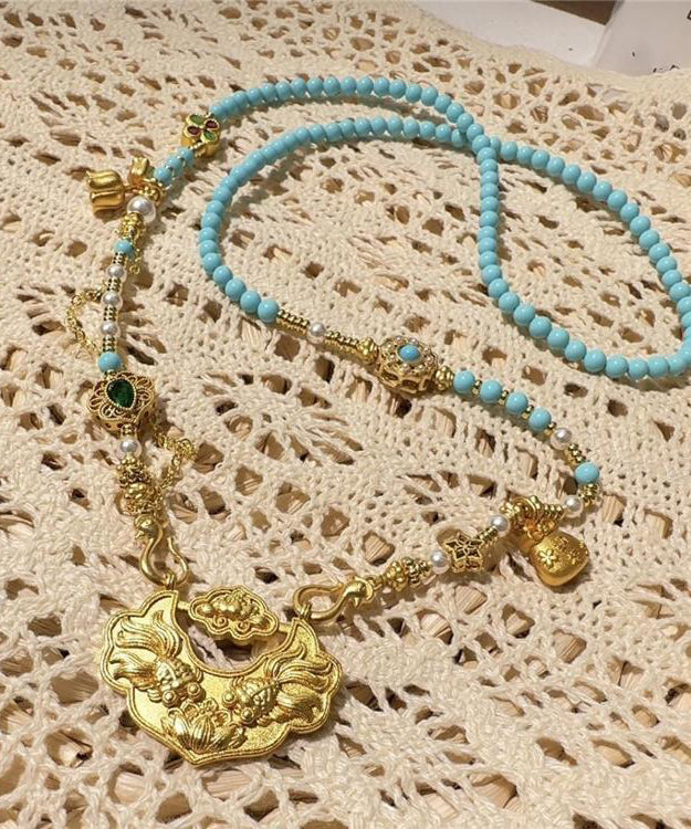 DIY Gold Sterling Silver Overgild Turquoise Pearl Inlaid Gem Stone Pendant Necklace