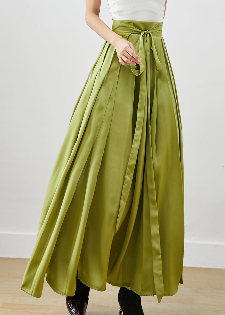 DIY Grass Green Tie Waist Silk A Line Skirts Fall
