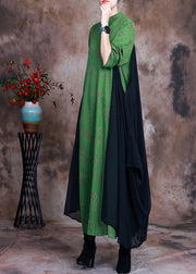 DIY Green Button Patchwork asymmetrical design Fall Dress