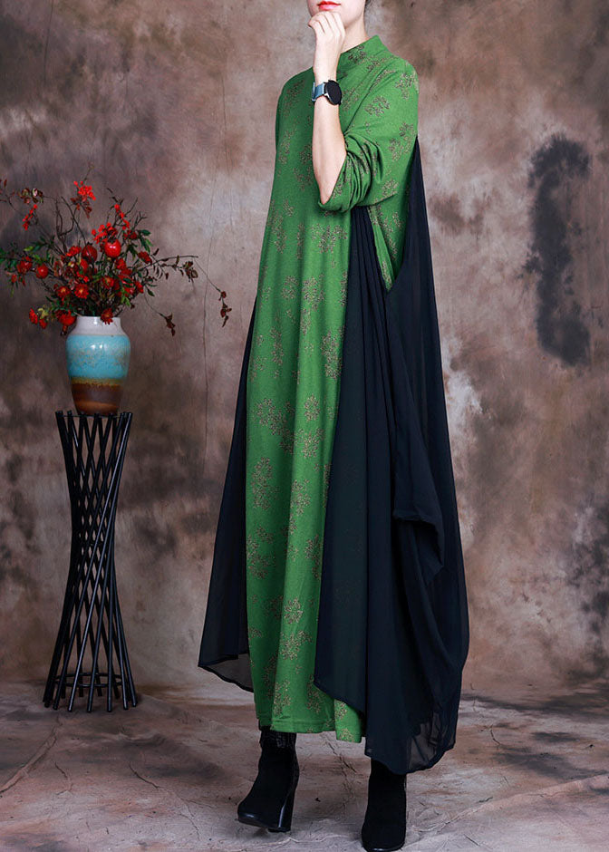 DIY Green Button Patchwork asymmetrisches Design Herbstkleid