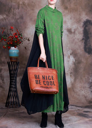 DIY Green Button Patchwork asymmetrisches Design Herbstkleid