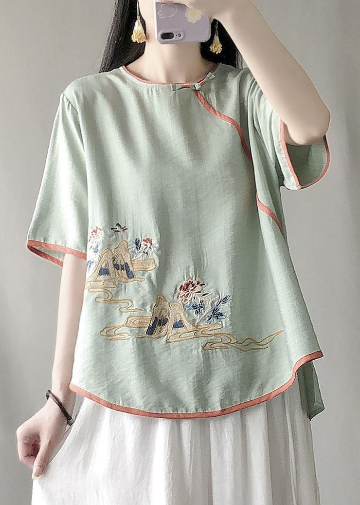 DIY Green Embroidered Chinese Button Cotton Shirt Summer